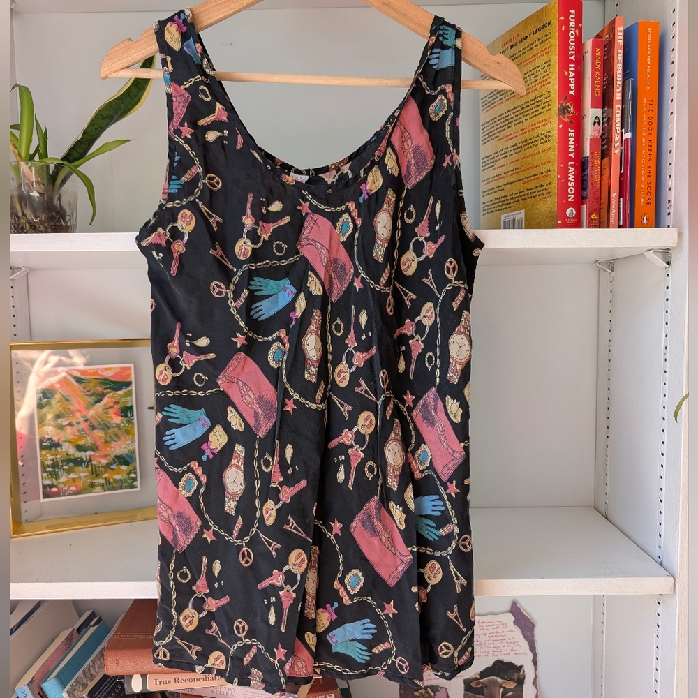 Vintage Silk Women's Black Cami Bejeweled Gold Chain Pattern Just Silk Medium